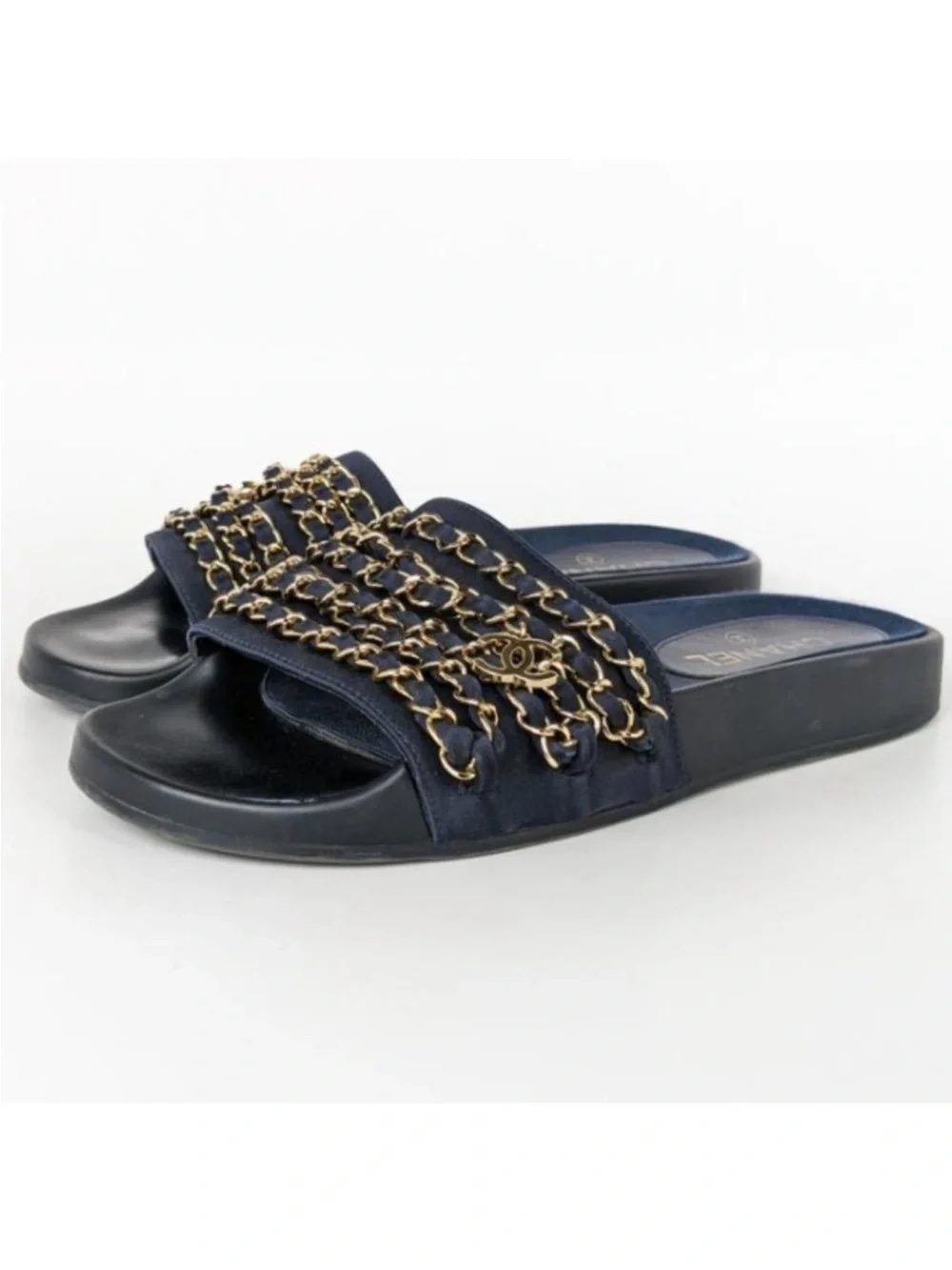 Chanel Navy Blue Chain REV Slides